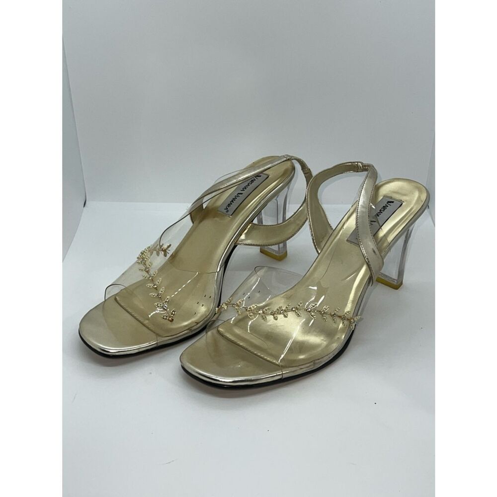 Sexy Gold & Clear High Heel Sling Back Pumps. Size 12W With A 3.5 Inch Heel.